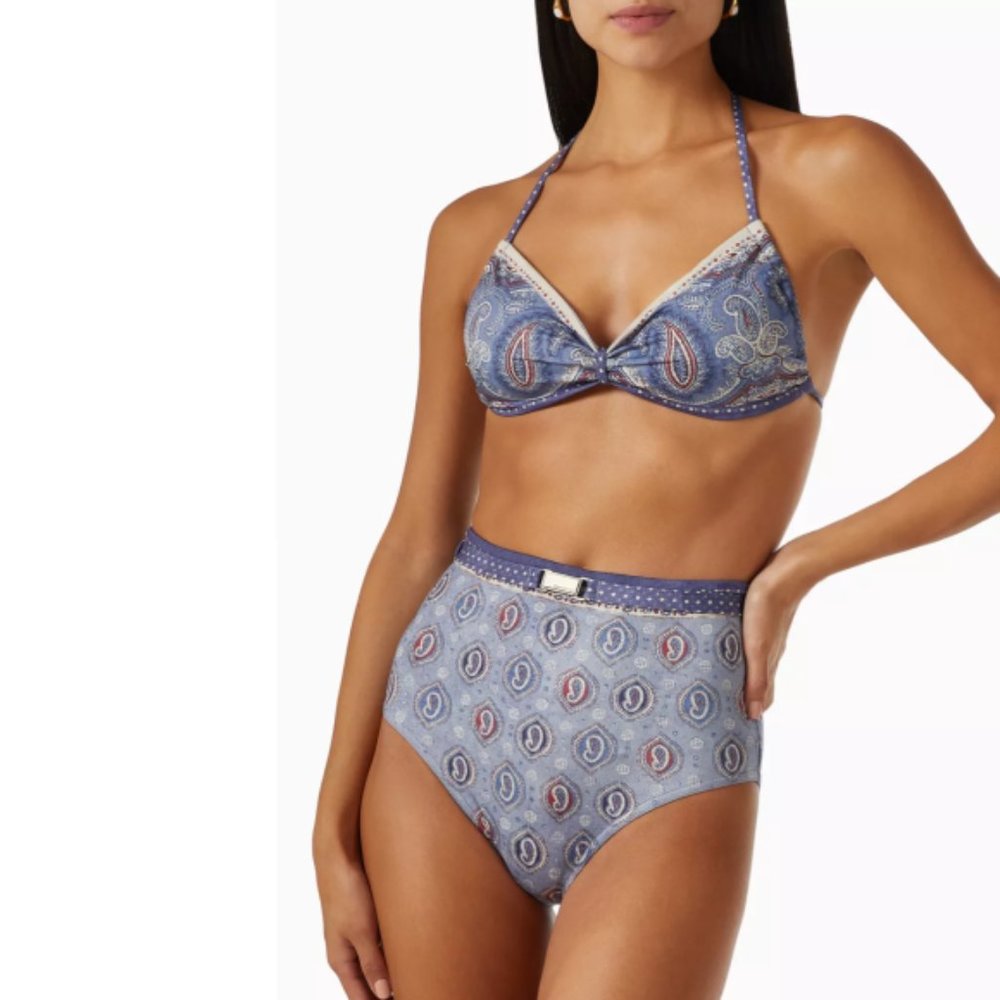 ZIMMERMANN 'Vitali' Paisley-Print 2-Piece Halterneck Bikini Set, Blue.